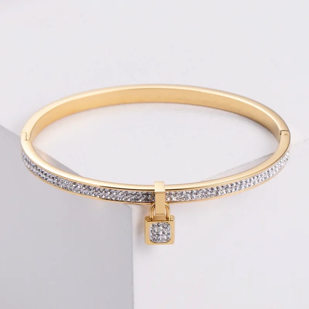 Elegant Gold Lock Charm Bangle Bracelet